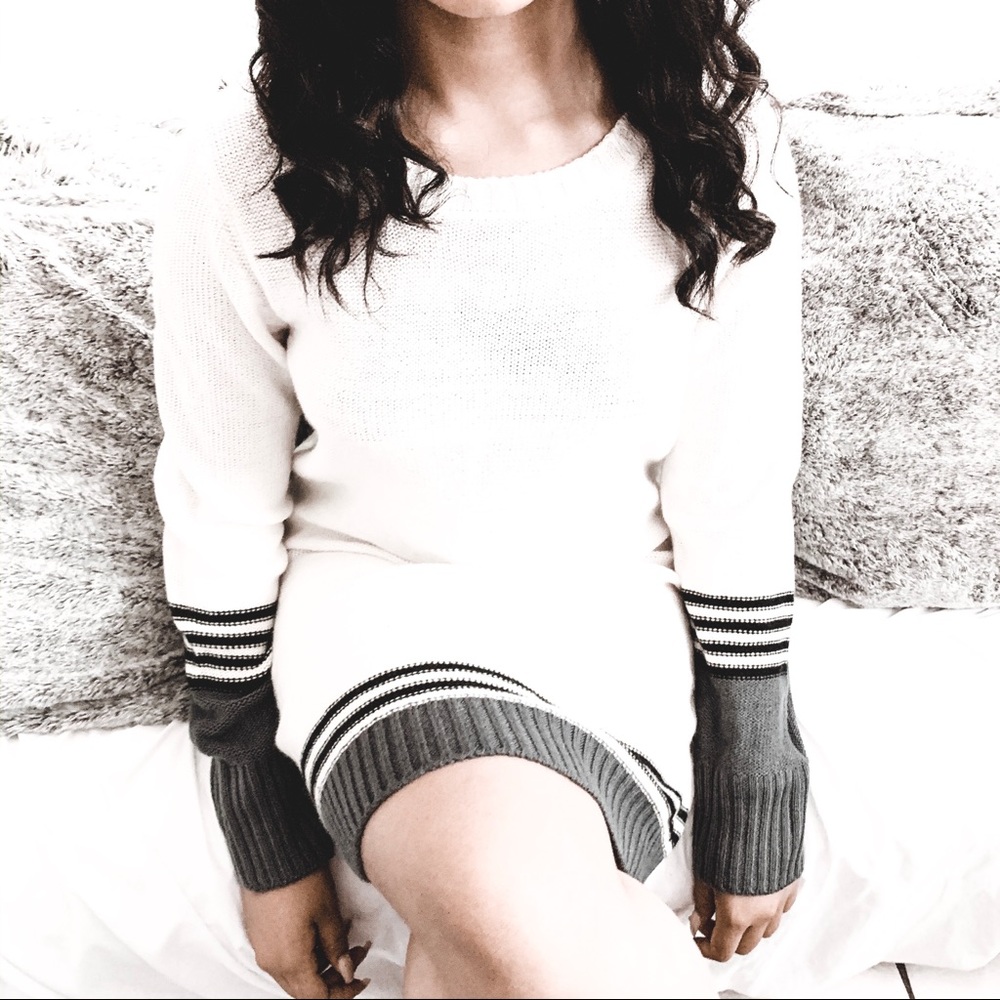 Cream sweater dress with grey detailing